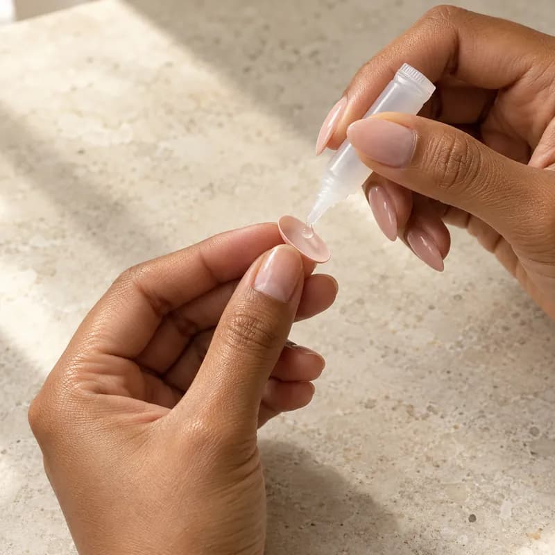 A drop of glue on the inside of a press-on