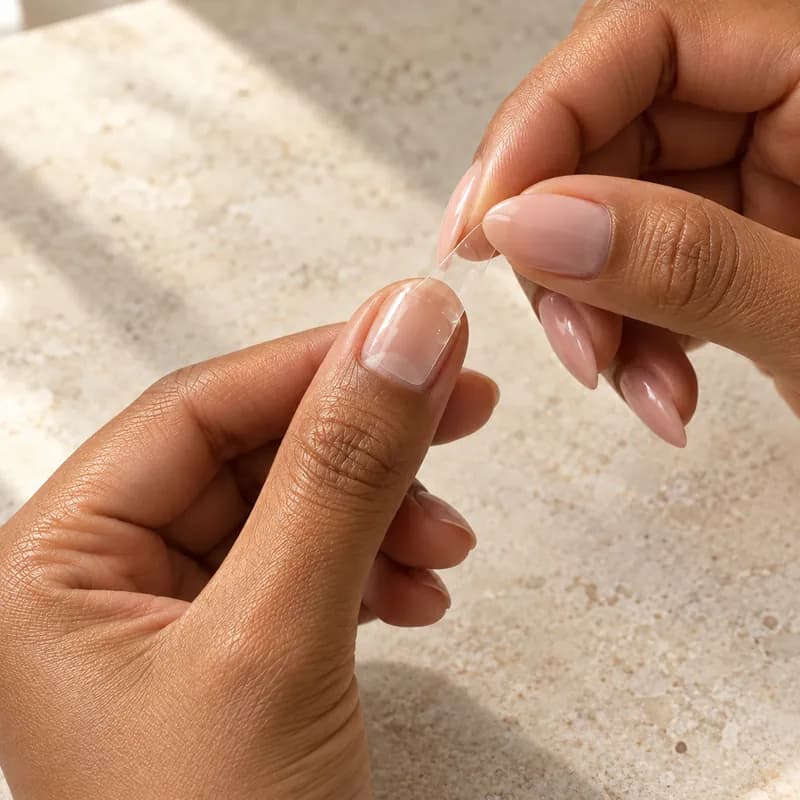 Peeling the film off an adhesive tab on the nail
