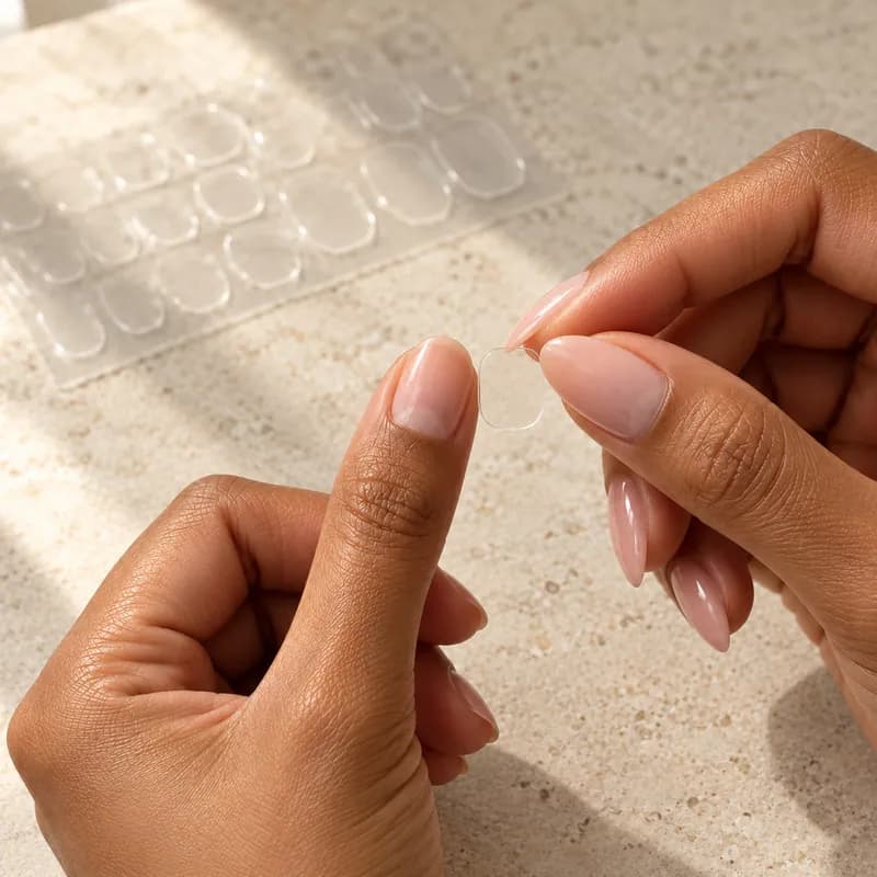Holding an adhesive tab against the nail to check its size
